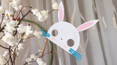 ​幼儿园手工教程之剪纸纸盘小白兔面具